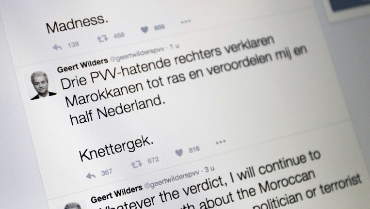 Wilders' reactie op het vonnis op Twitter. Beeld anp