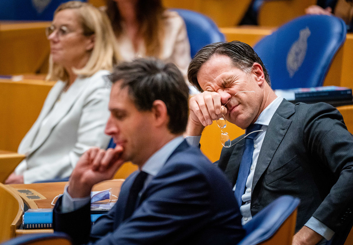 Sigrid Kaag (D66), Wopke Hoekstra (CDA) en Mark Rutte (VVD) tijdens het debat in de Tweede Kamer over het eindverslag van de informateurs Johan Remkes en Wouter Koolmees over het coalitieakkoord van VVD, D66, CDA en ChristenUnie.  Beeld ANP