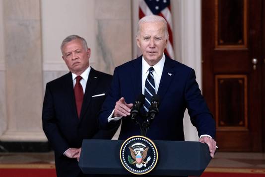 Koning Abdullah II van Jordanië en de Amerikaanse president Joe Biden tijdens een persconferentie in het Witte Huis.