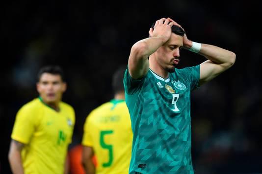 Germany's striker Sandro Wagner reacts during the international friendly football match between Germany and Brazil in Berlin, on March 27, 2018. / AFP PHOTO / ROBERT MICHAEL