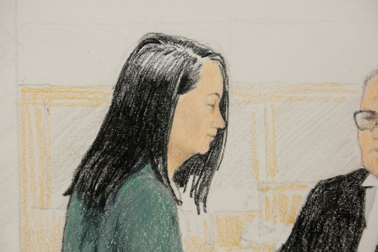 Een tekening van Huawei-directeur Meng Wanzhou in de rechtbank in Vancouver. Beeld REUTERS