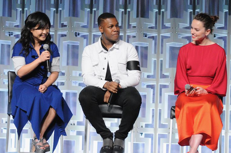 Kelly Marie Tran, John Boyega en Daisy Ridley tijdens Star Wars Celebration in Orlando. Beeld RV/©Lucasfilm, 2017