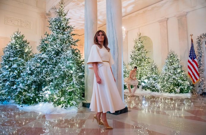 De Amerikaanse first lady Melania Trump in haar kerstbomenbos in het Witte Huis.