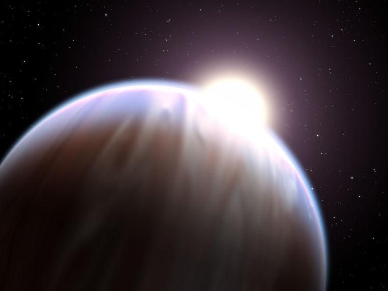 Op HD 189733 b zijn er windstoten van wel 30.000 km/u en regent het gesmolten glas. Dan kan je toch beter op aarde zitten. Beeld RV Nasa