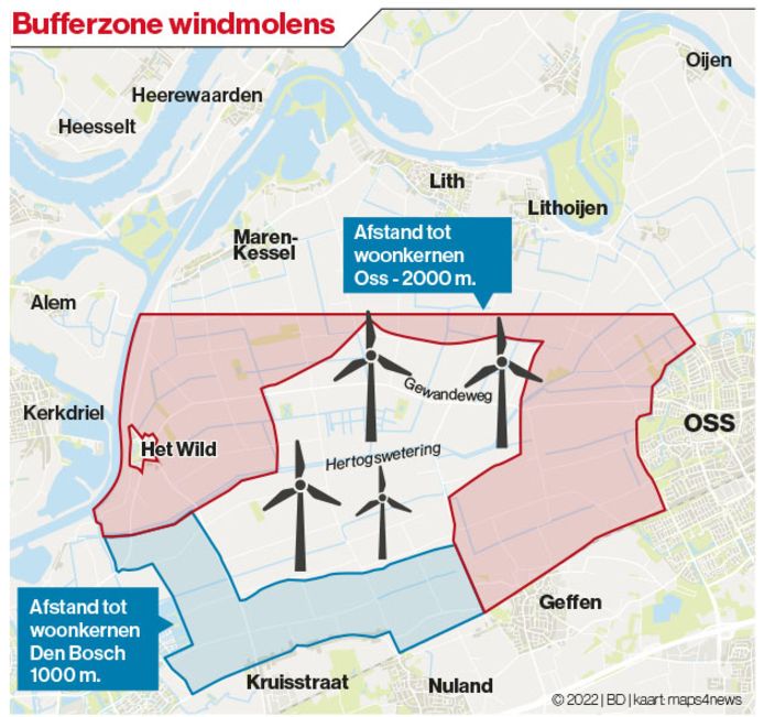 Deze kaart geeft aan waar in de polder de windturbines komen. In Oss op minimaal twee kilometer van de woonkernen, in Den Bosch op een kilometer.