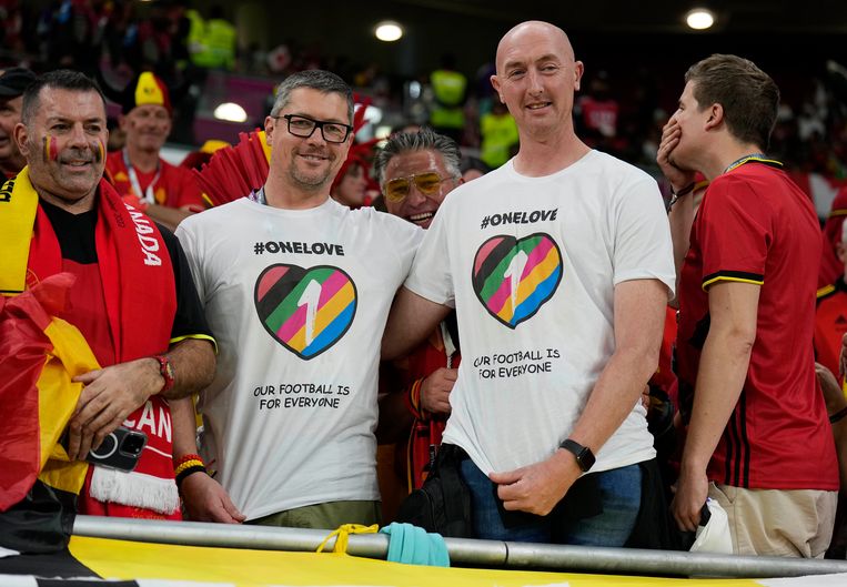 Belgische supporters met OneLove-shirts, tijdens de wedstrijd tussen België en Canada.  Beeld AP