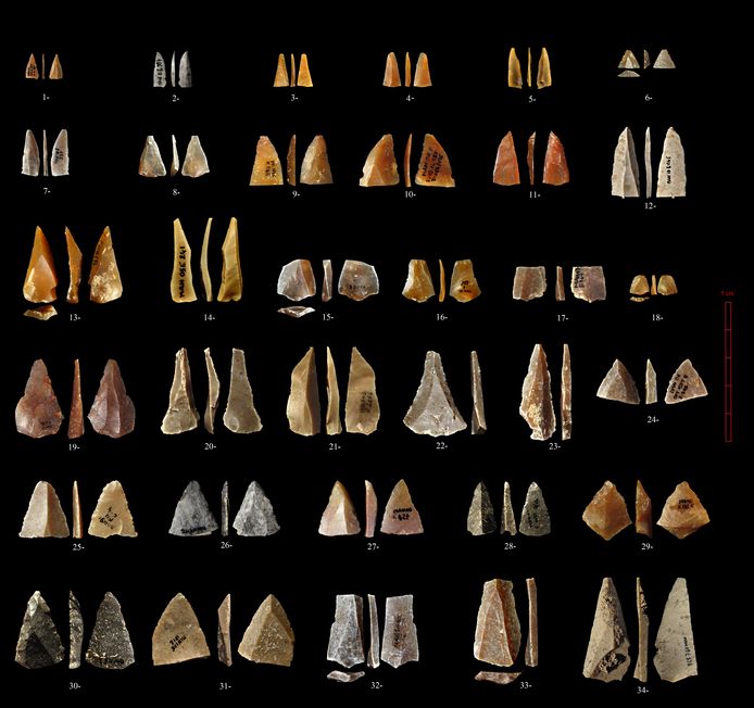 Pijlpunten uit de grot. De onderzoekers schrijven de vervaardiging ervan toe aan homo sapiens en zien er een aanwijzing voor hun vroege aanwezigheid in.