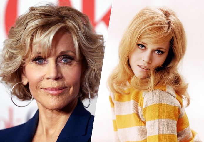 Jane Fonda op haar 84ste en in haar twintiger jaren. Ze was in de veertig toen ze een facelift kreeg, op haar 72ste kreeg ze een 'onderhoudsbeurt'.