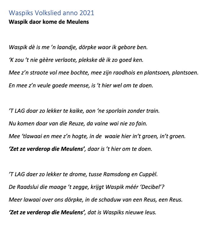 De tekst van het nieuwe Waspikse volkslied, geschreven als protest tegen de komst van hoge windmolens in de polder.