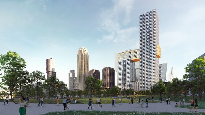 Het laatste ontwerp van De Sax, de gevel is minder speels maar de 'gouden balk' is behouden. Het zicht is vanuit het toekomstige park in de Rijnhaven.