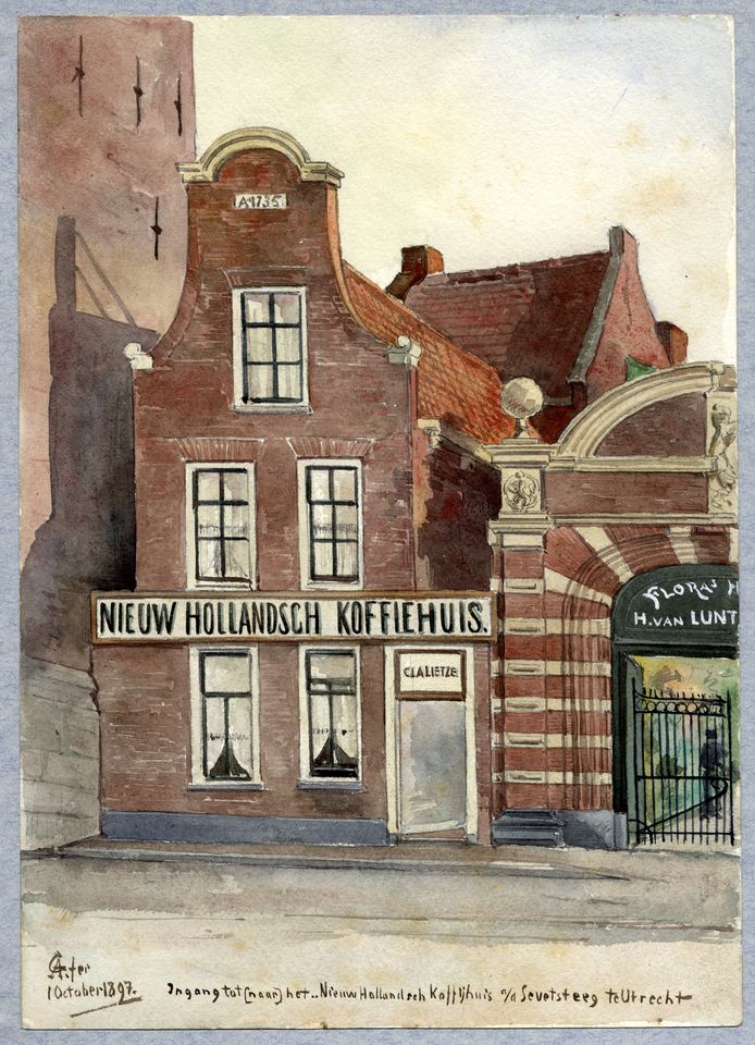 Het Nieuw Hollandsch Koffiehuis aan de Servetstraat, met rechts de toegangspoort van kwekerij Flora’s Hof. Aquarel van A.E. Grolman uit 1897.