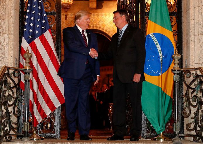 Trump en Bolsonaro zaterdag in Trumps buitenverblijf Mar-a-Lago in Florida.