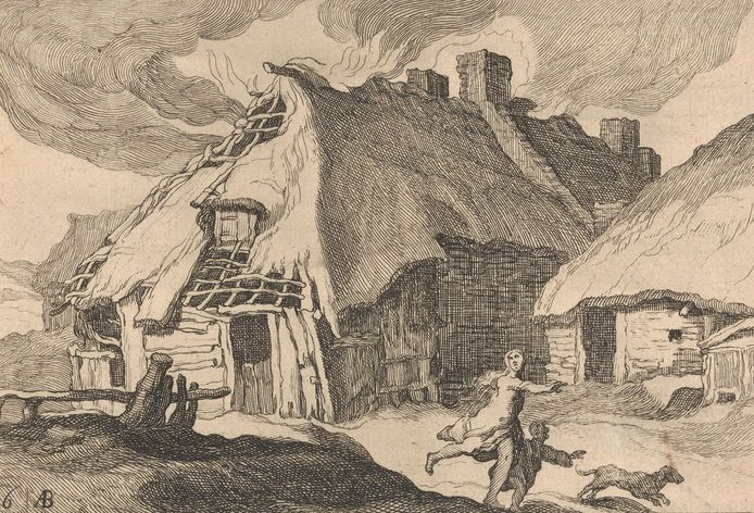 Prent van Frederick Bloemaert waarop een brandende boerderij is afgebeeld met een vluchtende vrouw, kind en hond.