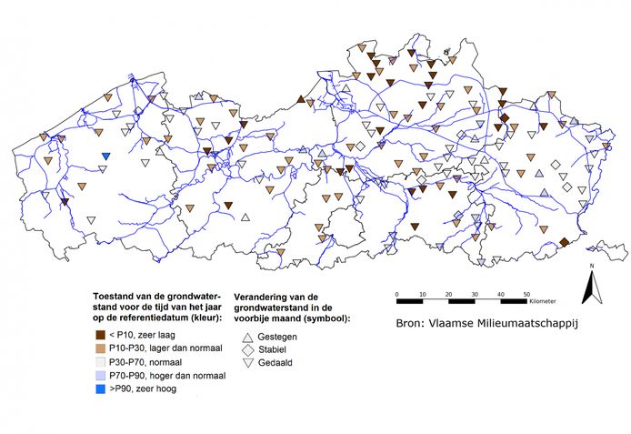 Freatische grondwaterstanden in Vlaanderen op 5/6/2022