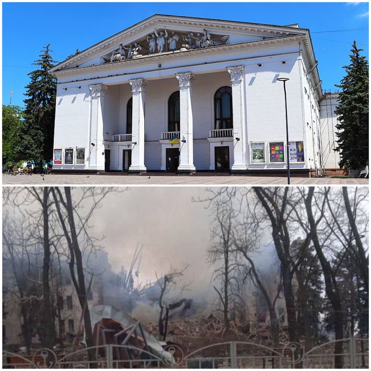 Het theatergebouw in Marioepol voor en na de Russische aanval Beeld Twitter Dmytro Kuleba