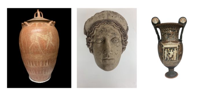 Van links naar rechts: Pithos with Ulysses, Head of a Maiden, and Baltimore Painter Krater