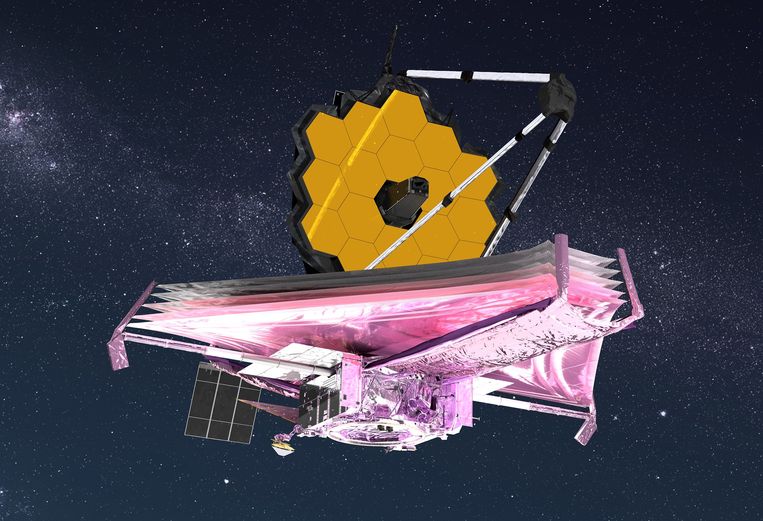 Hoe de James Webb Space Telescope (JWST) eruit zou moeten zien wanneer die volledig is uitgepakt. Beeld NASA GSFC/CIL/Adriana Manrique Gutierrez