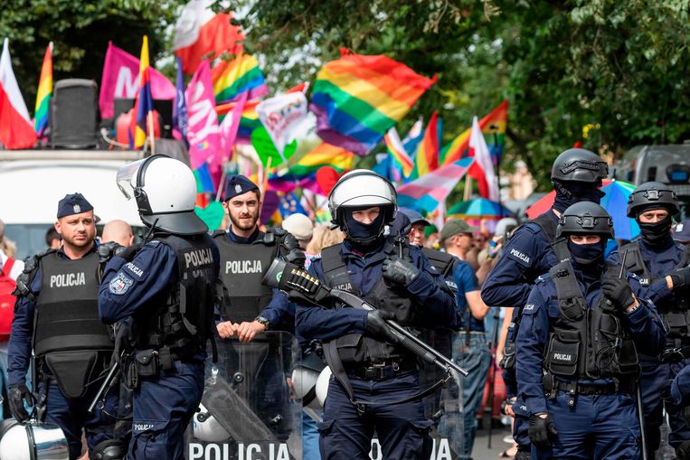 Oproerpolitie tijdens de eerste pride in de Poolse stad Plock, eerder deze maand. Beeld AFP