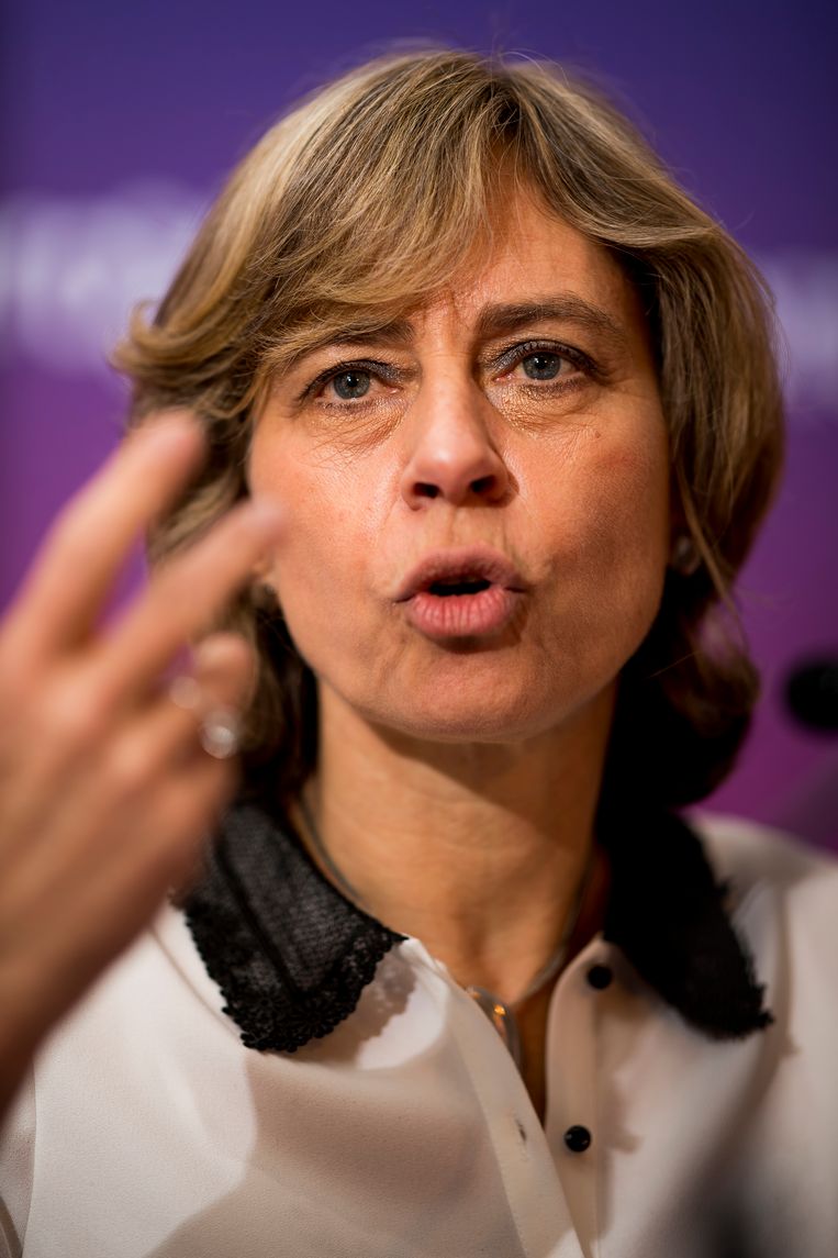Proximus CEO Dominique Leroy tijdens een persconferentie in maart 2019 Beeld BELGA