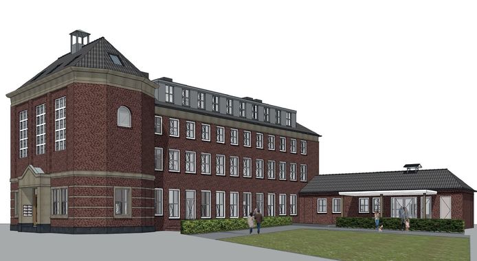 Het klooster in de Poeijersstraat in Eindhoven, een illustratie van na de verbouwing tot 15 woningen voor woonvereniging 't Rondeel. Rechts het gemeenschappelijke deel.