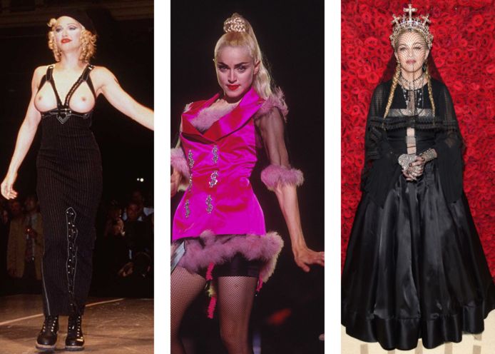 Links: Een topless Madonna tijdens de benefietshow van Jean Paul Gaultier.
Midden: Madonna in haar iconische fuchsiaroze kostuumjurk met veren.
Rechts: Madonna op het Met Gala in 2018.