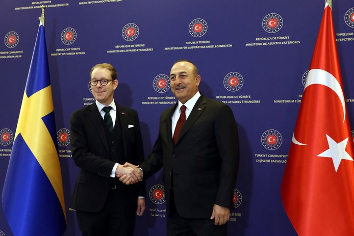 Turkse minister van Buitenlandse Zaken Mevlut Cavusogl (rechts) en Zweedse minister van Buitenlandse Zaken Tobias Billstrom (links) in Ankara.