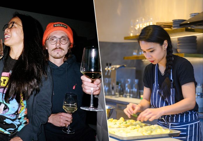Links: Karen Shu met de bekende Frans-Amerikaanse dj Marc Rebillet. Rechts: Shu in de keuken van haar gloednieuw restaurant and/or in Antwerpen.