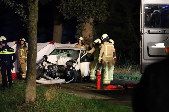 Een auto knalde op de Schiphorsterweg bij De Wijk net voor half twaalf tegen een boom.