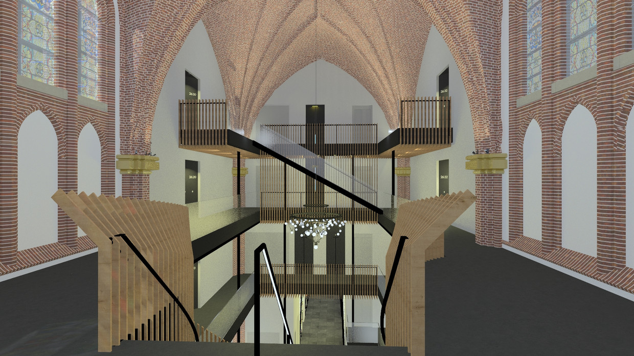 Ontwerp voor een appartementenproject in de Heilig Hartkerk, Boxtel. Beeld BOUWKUNST Architecten