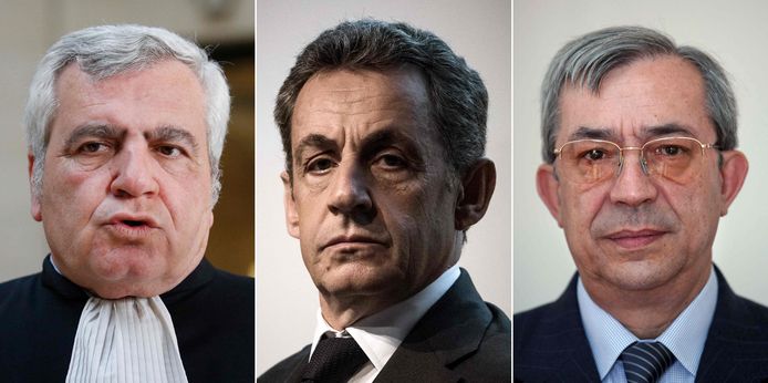 Vlnr.  Advocaat Thierry Herzog, Nicolas Sarkozy en topmagistraat Gilbert Azibert.