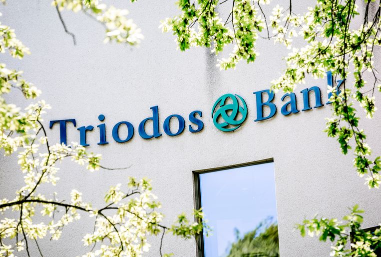 Het logo van Triodos Bank op het hoofdkantoor in Zeist. Beeld ANP
