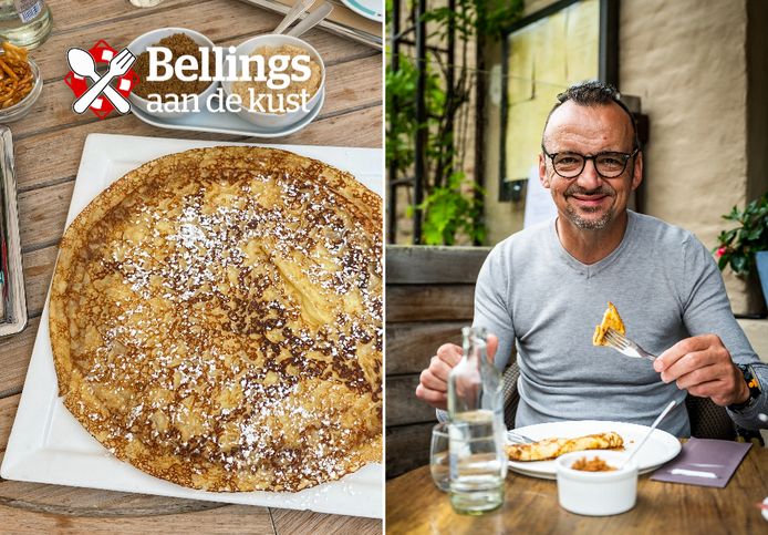 Luc Bellings proeft in vijf verschillende zaken aan de Belgische kust pannenkoeken met suiker.