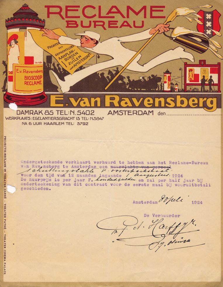 Overeenkomst (Amsterdam, juli 1924): reclamebureau E. van Ravensberg huurt voor 1 jaar een schutting in de Eerste Oosterparkstraat. Het logo is een ontwerp van Charles Verschuuren jr. Beeld Archief familie Van Ravensberg
