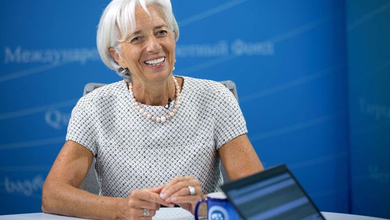 IMF-baas Christine Lagarde tijdens een persconferentie Beeld afp