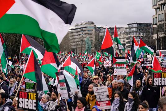 Tienduizenden mensen zijn in Londen de straat op gegaan tijdens een pro-Palestijnse demonstratie. 