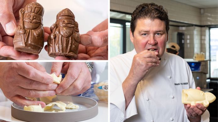Topchocolatier Herman Van Dender proeft melk- en witte chocoladefiguren uit de supermarkt.