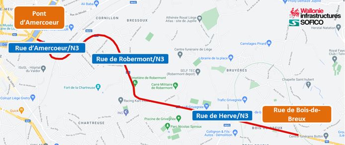 Chantier de réhabilitation sur la N3 (rue d’Amercoeur, rue de Robermont, rue de Herve).