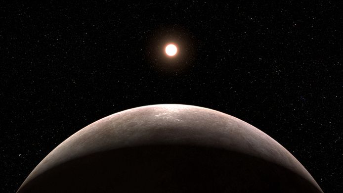 Een illustratie van exoplaneet LHS 475 b en haar ster.