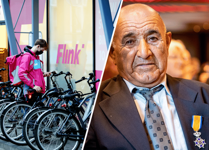 Links: Flitsbezorgers. Rechts: Mohamed ontvangt een lintje