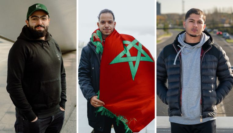 Sidi El Omari, Dries Hilali en Hicham Lahsini: ‘Mijn hart kiest voor Marokko, maar mijn brein voor België.’ Beeld Wouter Van Vooren, Patrick De Roo