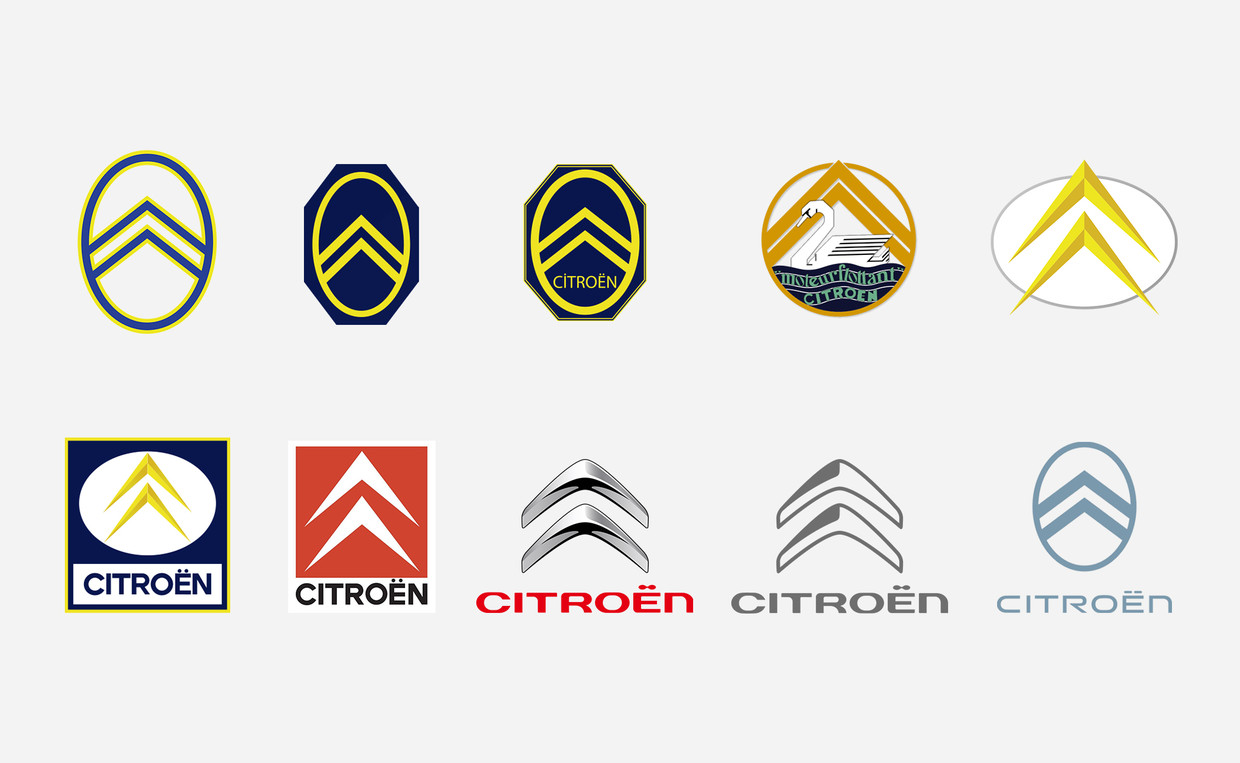 The 10 logos used by Citroën since 1919. The last logo with a circle (second row left) dates from 1966. At the far right, the new logo from 2022. Image Citroën