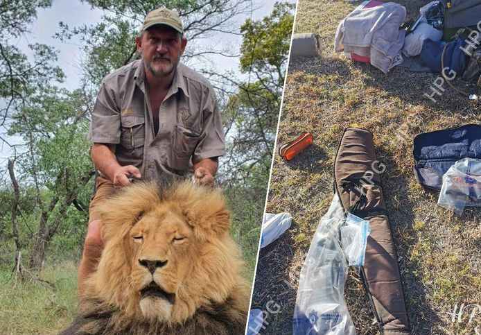 Riaan Naude met een geschoten leeuw. Rechts een beeld van de jachtspullen die in de wagen van de vermoorde man lagen.