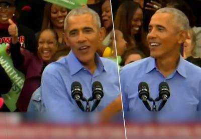 Vrouw uit publiek verrast Obama tijdens speech met compliment ‘dat hij er nog steeds goed uitziet’: “Dat zal ik maar niet tegen Michelle zeggen”