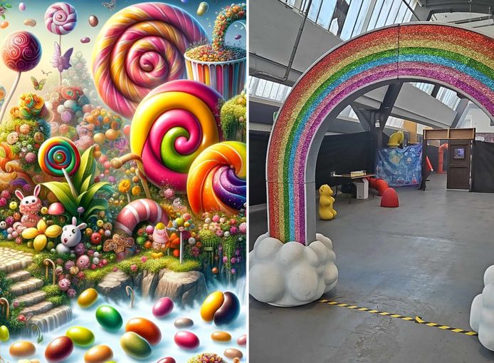 De AI-beelden uit de advertenties (links) en het echte evenement rond Willy Wonka in Glasgow.