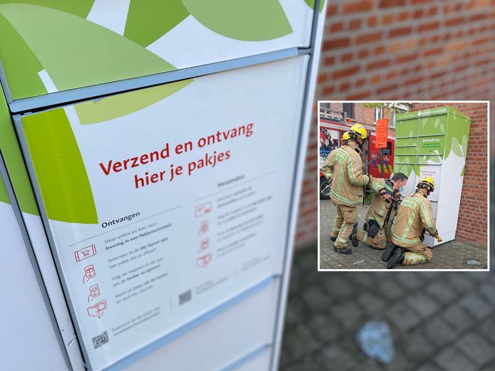 MECHELEN - De pakjesautomaat in de Rommekensbergstraat / Inzet: De brandweer op het moment dat ze het jongetje uit de locker konden bevrijden (rechts).