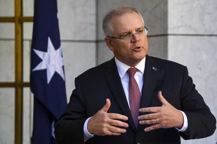 De Australische premier Scott Morrison tijdens een persconferentie in hoofdstad Canberra. ( 18/06/2020)