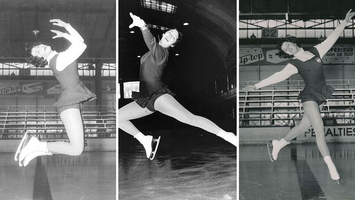 Joan Haanappel traint voor Holiday on Ice in 1956 (links en rechts).  Midden: Joan tijdens de training in 1959.