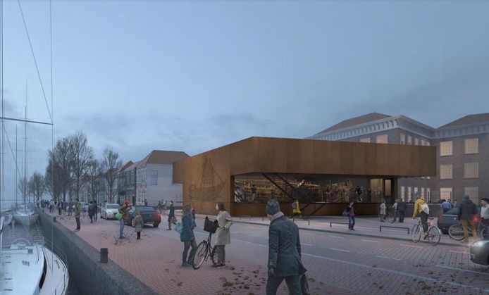 Een voorlopig schetsontwerp van een mogelijke expositie van de IJsselkogge op het Van Heutszplein in Kampen.