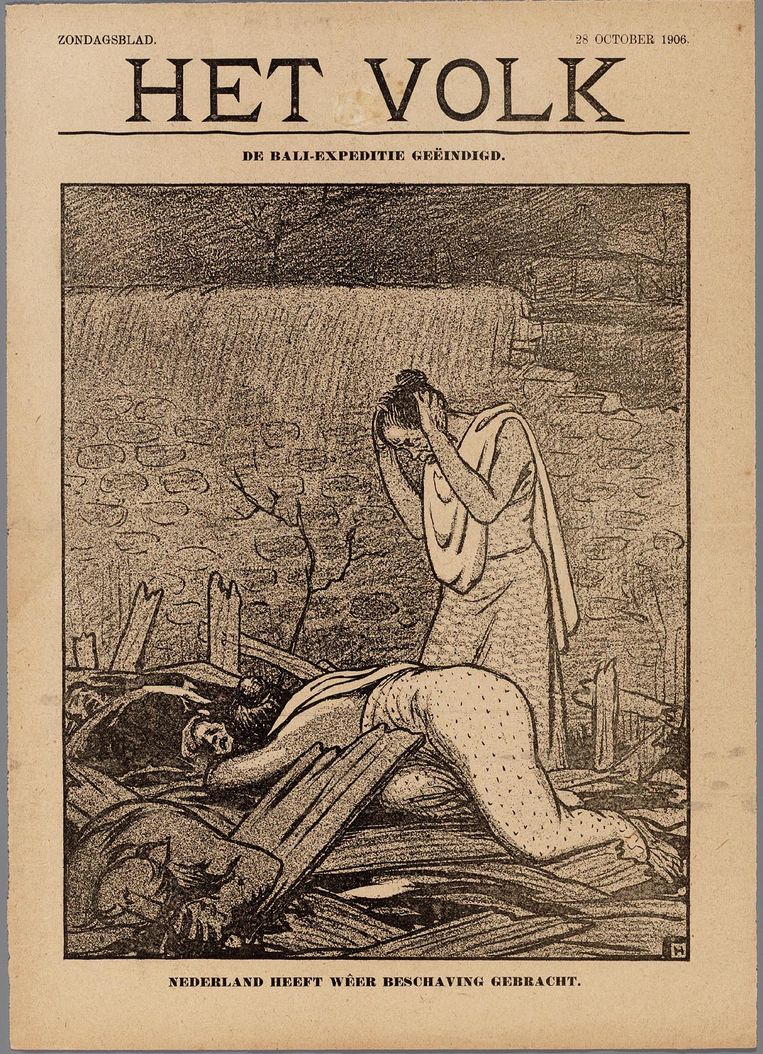 Tekening over de Bali-expeditie door Albert Hahn uit 1906. Collectie Internationaal Instituut voor Sociale Geschiedenis Beeld 