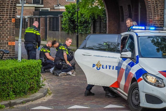 De aangehouden verdachte wordt in bedwang gehouden door agenten in Arnhem.